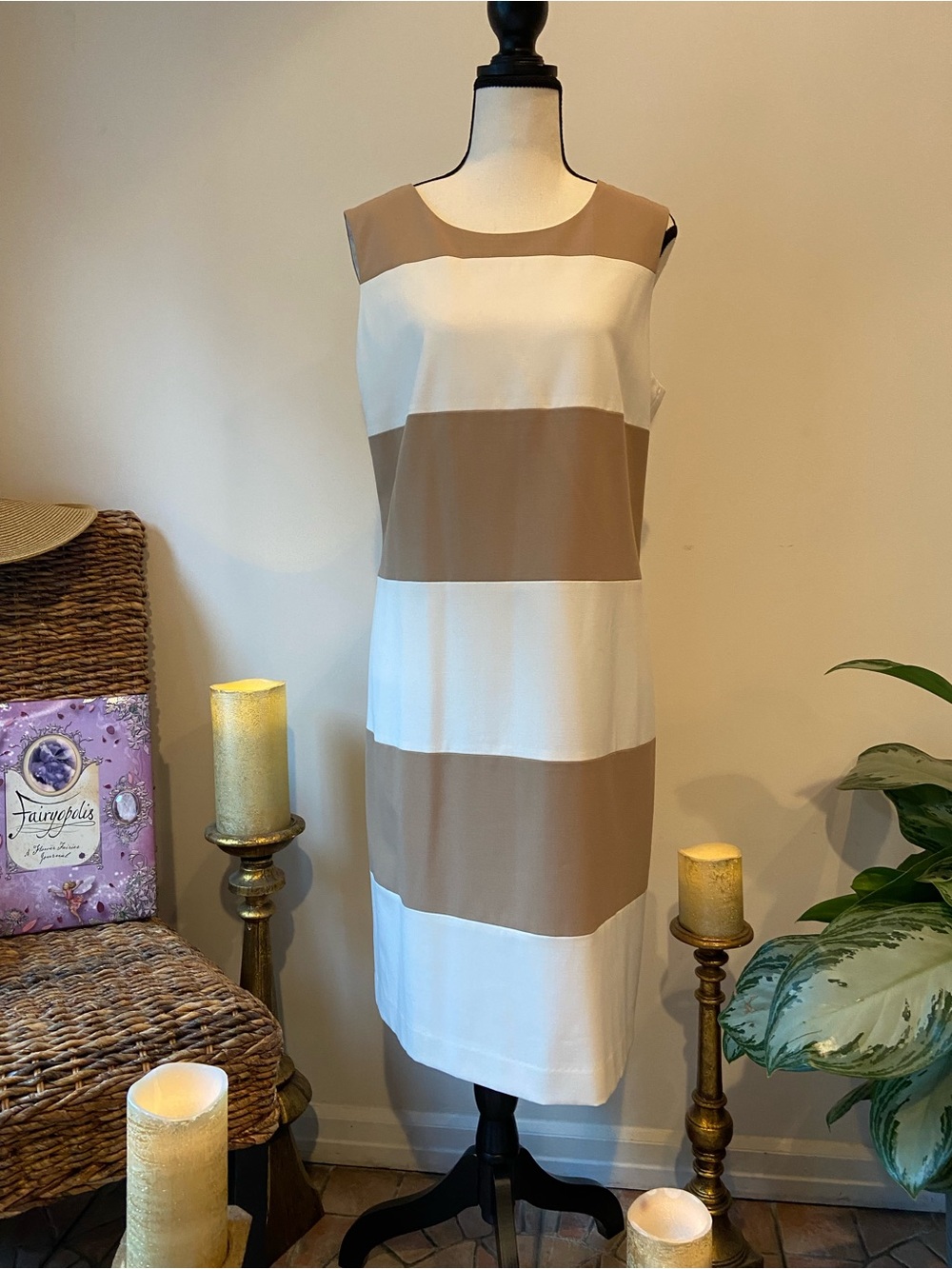 Anne Klein Beige and White Striped Sleeveless Shift Dress